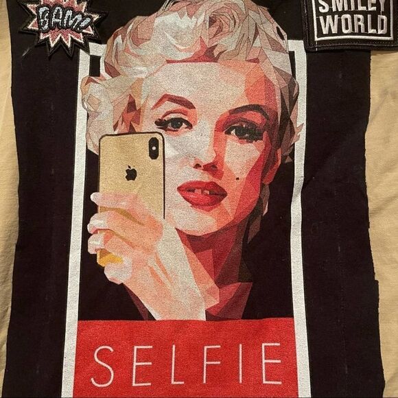 Marilyn Monroe Selfie reworked up-cycled Hollister beige shirt jacket Sz S - Picture 3 of 15
